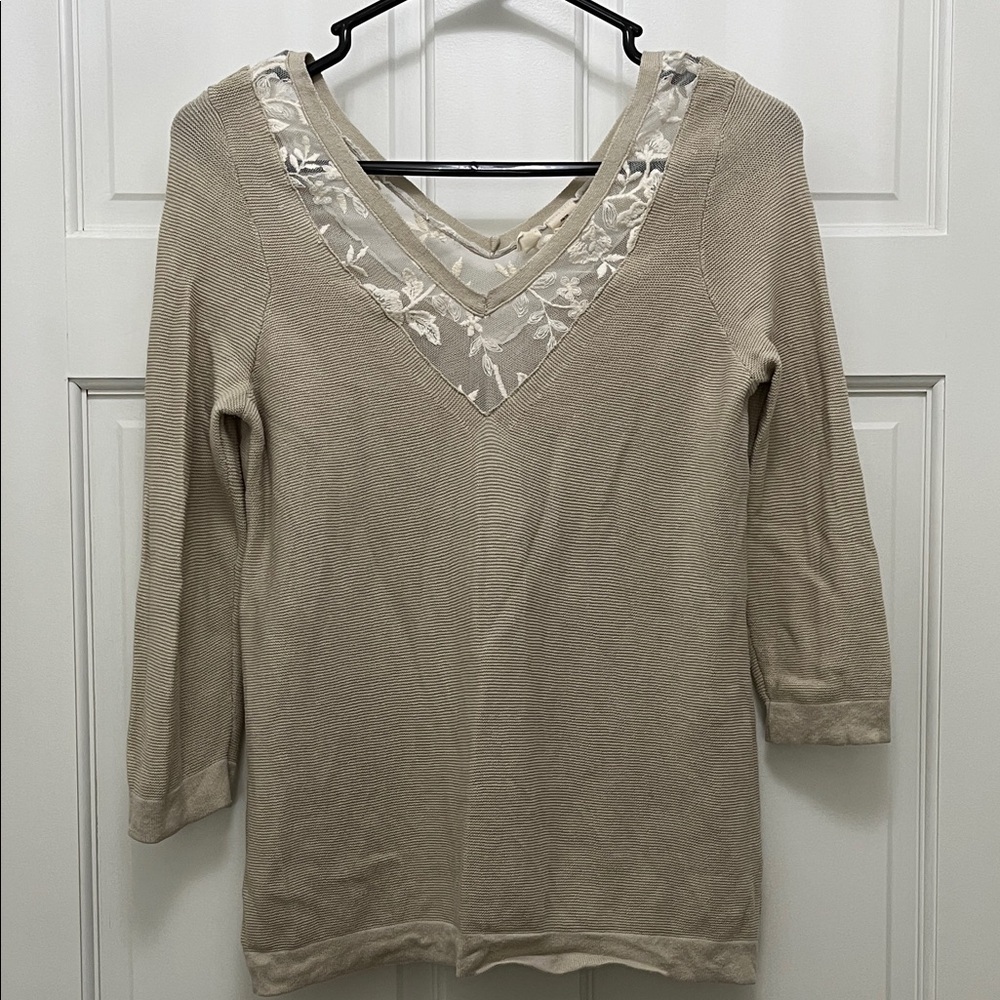Moth 100% Cotton Cream Knit Sweater w/ Lace V Neck Trim Detailing - Size XS